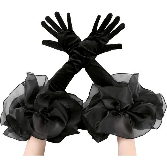 Accessories - Women's Black Tulle Velvet Opera Long Gloves Puff Ruffled Banquet Party Prom